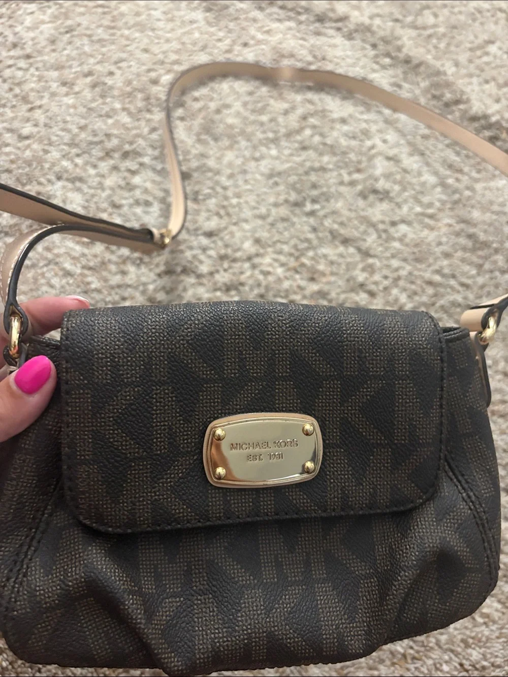 Michael Kors Dark Brown Monogram Crossbody with Gold Plaque